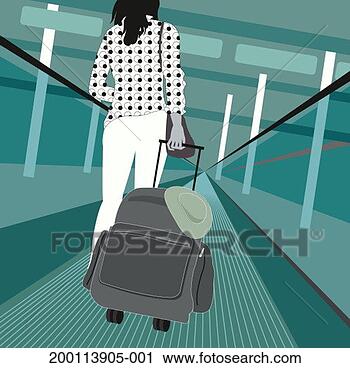Stock Photography - woman pulling 
luggage on moving 
walkway, rear 
view. fotosearch 
- search stock 
photos, pictures, 
images, and photo 
clipart