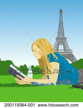 Stock Photography - woman relaxing 
on grass, reading 
book, eiffel tower 
in background. 
fotosearch - search 
stock photos, 
pictures, images, 
and photo clipart