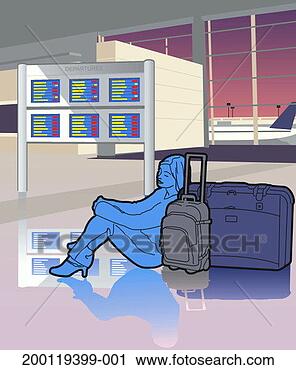Stock Photography - woman sitting 
on floor by departure 
board in airport 
concourse. fotosearch 
- search stock 
photos, pictures, 
images, and photo 
clipart