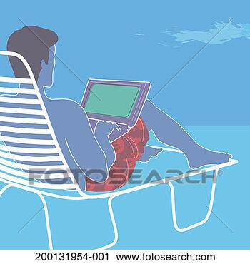 Stock Photography - man relaxing on 
sun lounger using 
laptop computer. 
fotosearch - search 
stock photos, 
pictures, images, 
and photo clipart