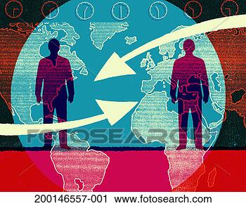 Stock Photography - two figures behind 
arrows and transparent 
map of world. 
fotosearch - search 
stock photos, 
pictures, images, 
and photo clipart