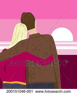 Stock Photography - couple watching 
sunset with arms 
around each other, 
rear view. fotosearch 
- search stock 
photos, pictures, 
images, and photo 
clipart