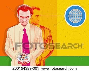 Stock Photography - businessman holding 
jumbled binary 
code, replica 
looking at globe. 
fotosearch - search 
stock photos, 
pictures, images, 
and photo clipart