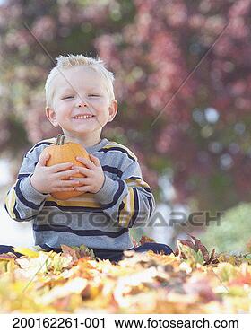 Stock Photography - boy (2-4) sitting 
atop autumnal 
leaves, holding 
pumpkin, portrait. 
fotosearch - search 
stock photos, 
pictures, images, 
and photo clipart