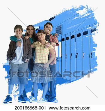 Stock Photography - four teenagers 
(13-15) standing 
in school corridor, 
smiling, portrait. 
fotosearch - search 
stock photos, 
pictures, images, 
and photo clipart