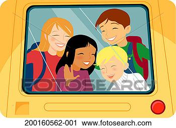 Stock Photography - group of children 
looking out back 
window of school 
bus, smiling. 
fotosearch - search 
stock photos, 
pictures, images, 
and photo clipart
