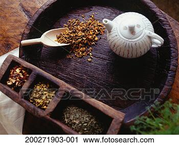 Stock Photography - teapot and peppermint 
tea lying on wooden 
tray, (overhead 
view. fotosearch 
- search stock 
photos, pictures, 
images, and photo 
clipart