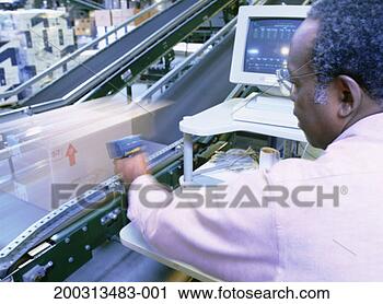 Stock Photography - factory worker 
scanning boxes 
on conveyer belt. 
fotosearch - search 
stock photos, 
pictures, images, 
and photo clipart