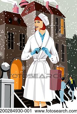 Stock Photography - woman carrying 
shopping bag and 
cell phone on 
snow-covered sidewalk. 
fotosearch - search 
stock photos, 
pictures, images, 
and photo clipart
