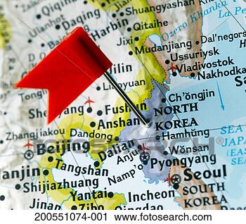 Stock Photography - map pin placed 
on north korea 
on map, close-up. 
fotosearch - search 
stock photos, 
pictures, images, 
and photo clipart