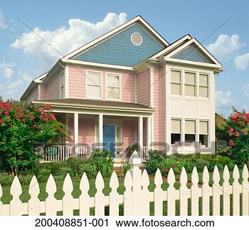 Stock Photography - exterior of home 
with picket fence, 
crape myrtle trees. 
fotosearch - search 
stock photos, 
pictures, images, 
and photo clipart