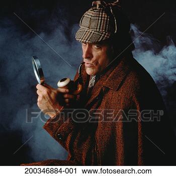Stock Photography - mature man wearing 
cap and cape, 
holding pipe and 
magnifying glass. 
fotosearch - search 
stock photos, 
pictures, images, 
and photo clipart