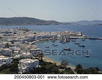 Stock Photography - greece, mykonos 
island, view of 
harbour, elevated 
view. fotosearch 
- search stock 
photos, pictures, 
images, and photo 
clipart