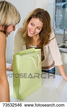 Stock Photo - two young women 
leaning over kitchen 
counter beside 
shopping bag. 
fotosearch - search 
stock photos, 
pictures, images, 
and photo clipart
