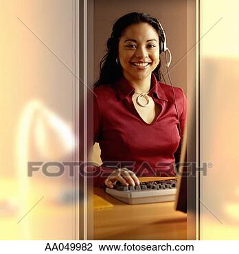 Clip Art - young woman working 
on computer, wearing 
telephone headset. 
fotosearch - search 
clipart, illustration, 
drawings and vector 
eps graphics images