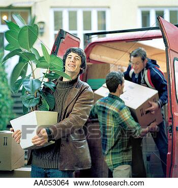 Stock Photo - three men unloading 
boxes and plants 
from moving van. 
fotosearch - search 
stock photos, 
pictures, images, 
and photo clipart