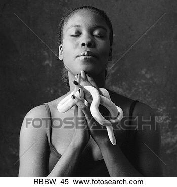Stock Image - an african american 
woman holds a 
white snake in 
a prayer pose. 
fotosearch - search 
stock photos, 
pictures, images, 
and photo clipart