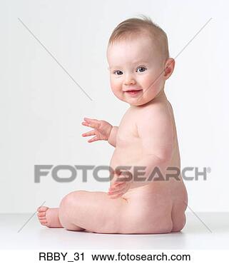 Stock Photography - a naked caucasian 
baby sits playfully 
as it turns and 
smiles. fotosearch 
- search stock 
photos, pictures, 
images, and photo 
clipart