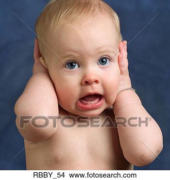 Stock Photo - a shirtless caucasian 
baby holds its 
head and sreams 
as if seriously. 
fotosearch - search 
stock photos, 
pictures, images, 
and photo clipart