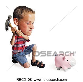 Stock Photo - photo caricature 
of a little boy 
breaking his piggy 
bank with a hammer. 
fotosearch - search 
stock photos, 
pictures, images, 
and photo clipart