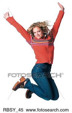 Stock Image - caucasian blonde 
female teen in 
jeans and red 
sweater jumps 
up into. fotosearch 
- search stock 
photos, pictures, 
images, and photo 
clipart
