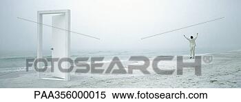 Stock Image - man raising arms 
on beach in distance, 
doorframe in foreground. 
fotosearch - search 
stock photos, 
pictures, images, 
and photo clipart