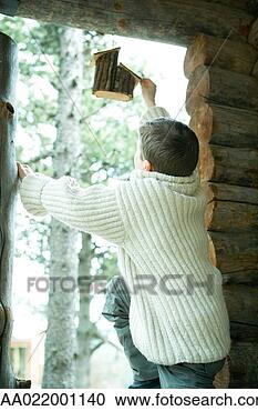 Stock Photography - boy in cabin window, 
reaching for birdhouse, 
rear view. fotosearch 
- search stock 
photos, pictures, 
images, and photo 
clipart