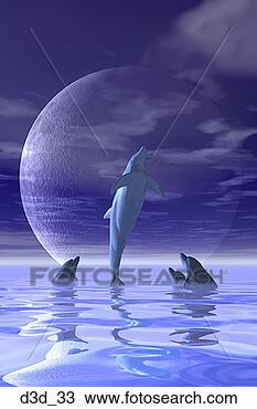 Stock Photo - four dolphins 
in the ocean, 
 one jumping, 
 with a transparent 
moon in. fotosearch 
- search stock 
photos, pictures, 
images, and photo 
clipart