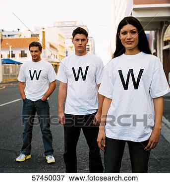 Picture - portrait of a 
woman and two 
men standing wearing 
www on their t-shirts. 
fotosearch - search 
stock photos, 
pictures, images, 
and photo clipart