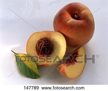 Stock Photograph - whole and half 
peach, peach slice 
and leaf. fotosearch 
- search stock 
photos, pictures, 
images, and photo 
clipart
