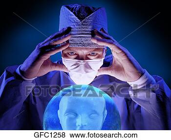 Stock Photo - a doctor wearing  surgical scrubs,   a mask and gloves  gazing into a.  fotosearch - search  stock photos,  pictures, wall  murals, images,  and photo clipart