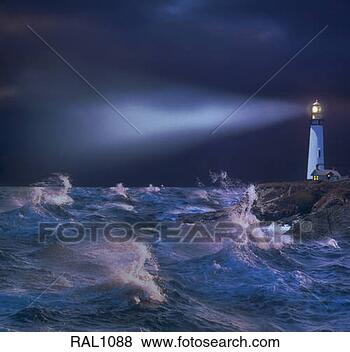Stock Photo - light streaming 
over a stormy 
sea from a lighthouse 
on a rocky shore. 
fotosearch - search 
stock photos, 
pictures, images, 
and photo clipart