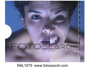 Stock Photo - a woman’s face 
split with two 
facial expressions 
on one side her. 
fotosearch - search 
stock photos, 
pictures, images, 
and photo clipart