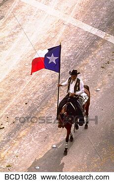 Stock Photo - rider on horse 
carrying texas 
state flag in 
parade at forth 
worth. fotosearch 
- search stock 
photos, pictures, 
images, and photo 
clipart