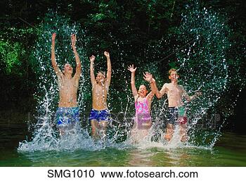Stock Photography - a group of four 
young people splashing 
and playing in 
a river. fotosearch 
- search stock 
photos, pictures, 
images, and photo 
clipart