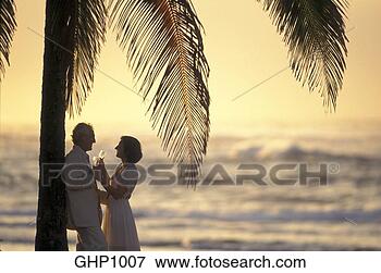 Picture - mature couple 
stands close together 
beneath a palm 
tree on the beach. 
fotosearch - search 
stock photos, 
pictures, images, 
and photo clipart