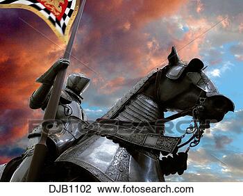 Stock Photo - a knight in shining 
armor on his black 
armored horse 
holding a flag. 
fotosearch - search 
stock photos, 
pictures, images, 
and photo clipart
