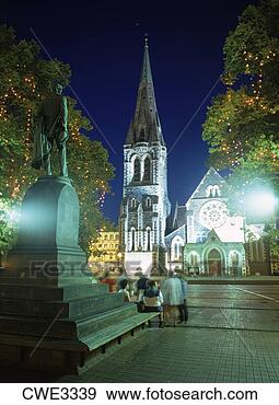 Stock Photograph - 19th century cathedral 
square in christchurch 
new zealand at 
night. fotosearch 
- search stock 
photos, pictures, 
images, and photo 
clipart