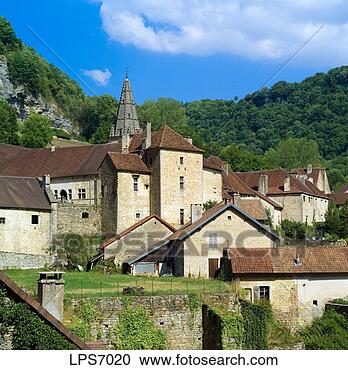 Stock Photography - sgm49442 village 
and abbey 15th 
century beaume-les-messieurs 
jura. fotosearch 
- search stock 
photos, pictures, 
images, and photo 
clipart