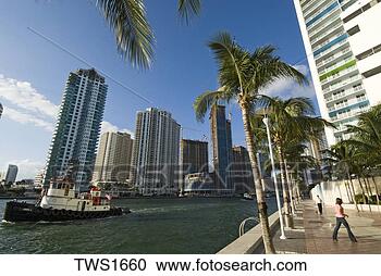 Stock Photography - condominium residents 
walk dogs and 
tug boat navigates 
miami river. fotosearch 
- search stock 
photos, pictures, 
images, and photo 
clipart