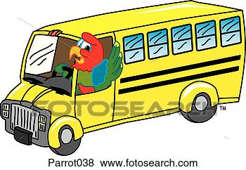 解或插画或图例 - 鹦鹉, 推动, 学校, 公共汽车 P
