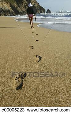 Banco de Imagem - pegadas,  mulher, 
 andar,  praia. 
fotosearch - busca 
de fotos, imagens 
e clipart