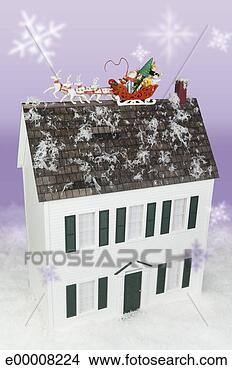 Banco de Imagem - santa,  cláusula, 
 telhado,  miniatura, 
 casa. fotosearch 
- busca de fotos, 
imagens e clipart