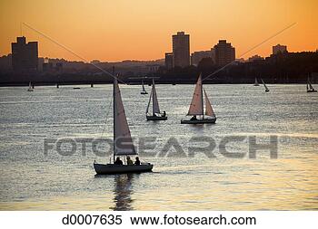 Banco de Imagem - veleiros,  charles, 
 rio,  amanhecer. 
fotosearch - busca 
de fotos, imagens 
e clipart