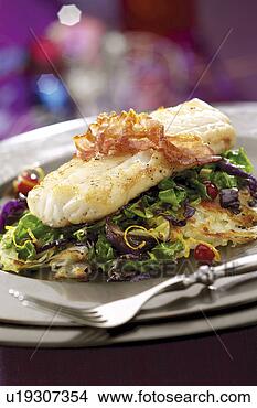 Stock Photo - cod loin and salad. 
fotosearch - search 
stock photos, 
pictures, images, 
and photo clipart