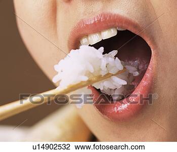 Banco de Imagem - mulher,  comer, 
 arroz,  fim, 
 cima,  fim,  
cima. fotosearch 
- busca de fotos, 
imagens e clipart