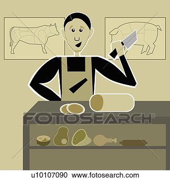 Arquivos de Ilustração - açougueiro,  carne, 
 cleaver,  corte, 
 carne,  açougueiro, 
 loja. fotosearch 
- busca de ilustrações 
clipeart e desenhos