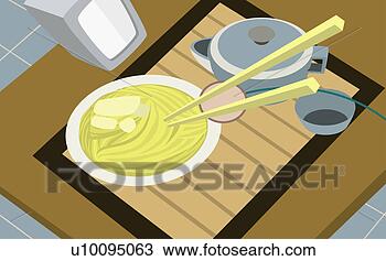 Desenho - alto,  ângulo, 
 vista,  noodles, 
 prato,  dois, 
 chopsticks. fotosearch 
- busca de ilustrações 
clipeart e desenhos