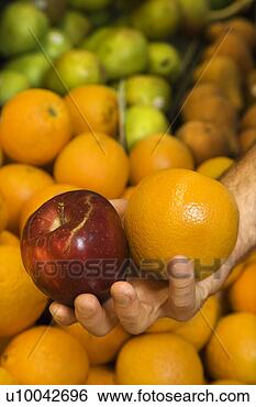 Banco de Imagem - close-up,  caucasiano, 
 macho,  mão, 
 segurando,  maçã, 
 laranja. fotosearch 
- busca de fotos, 
imagens e clipart