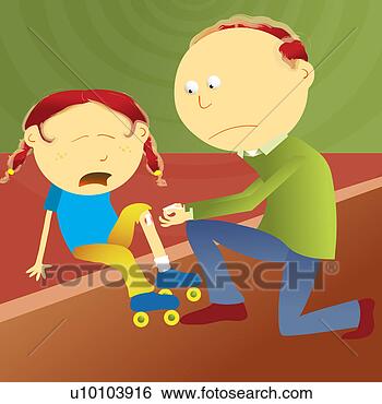 Stock Illustration - mid adult man 
putting a bandage 
on his daughter's 
knee. fotosearch 
- search clipart, 
illustration, 
drawings and vector 
eps graphics images